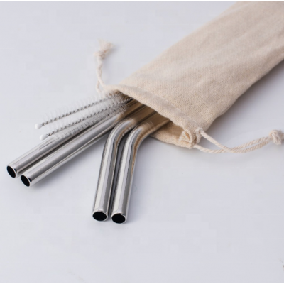 Reusable Stainless Steel Straws 2 bent and 2 straight straws plus 1 brush into a cloth pouch bag  packaging set